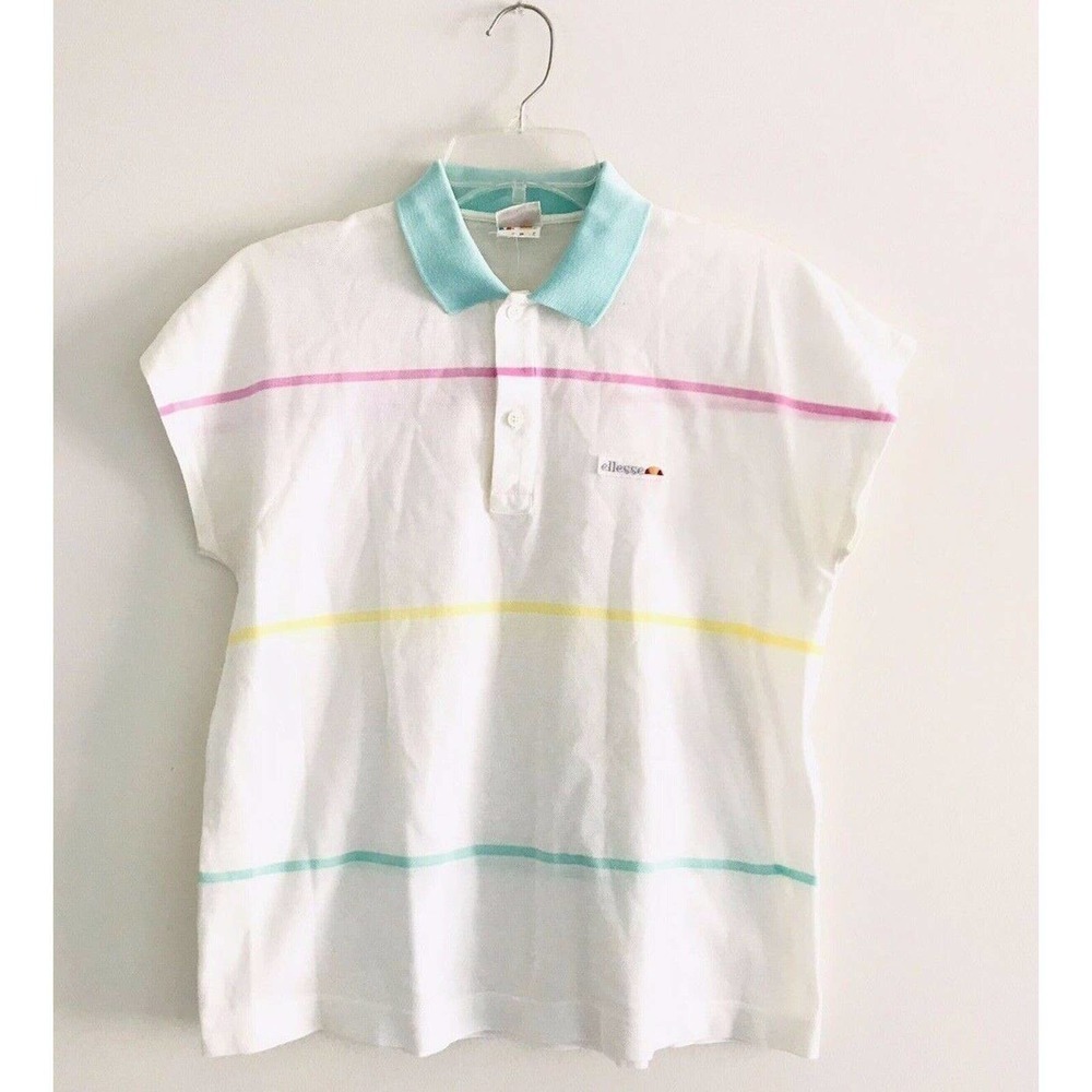 Ellesse | Polo Shirt Womens Size 0 White Stripe Collar Henley Short Sleeves